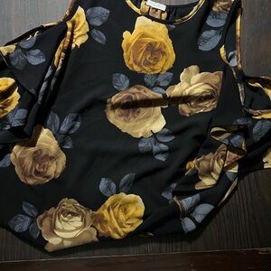 ODDY Black Cold-Shoulder Blouse with Yellow Rose Print